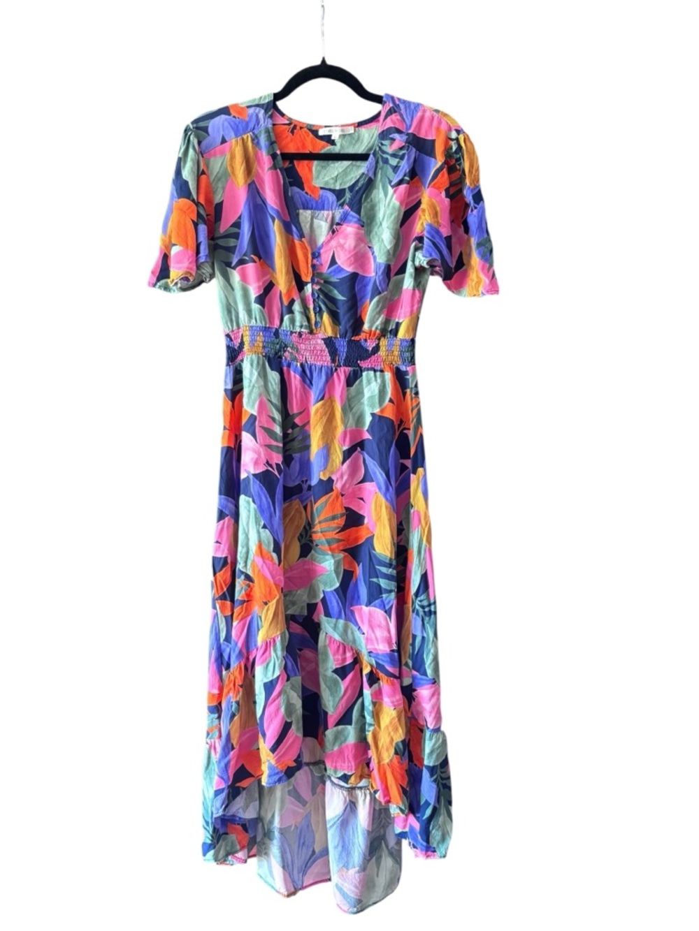 Abel The Label Tropical Floral Dress Smocked Waist Button Front Midi Dress L - Picture 3 of 6